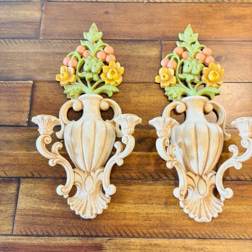 Vintage Homco Burwood Floral Sconce Candle Holders Pair Syroco Style USA‎ 4104